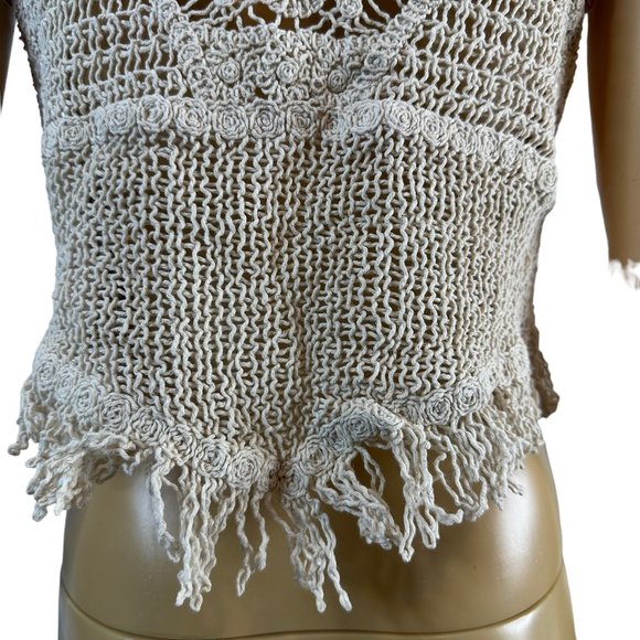 Women Boho Blouse Crop Top Crochet Small Ivory Green Hem Fringe Sleeveless V-Nec - Picture 14 of 16